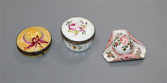 Two hat shaped pill boxes, one Limoges and an early 19th century English enamelled patch box